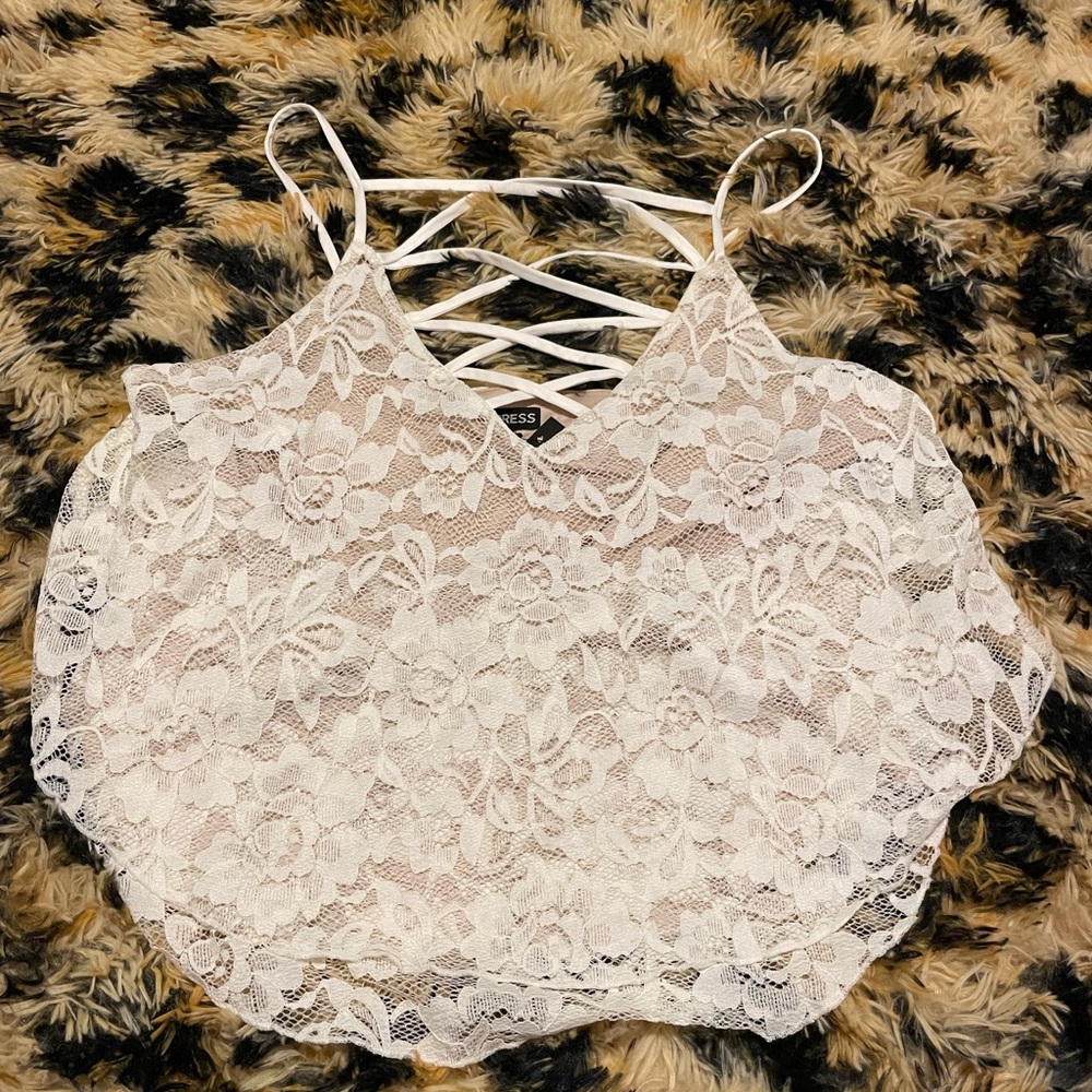 White Lace Crop Top with Criss Cross V-Neck